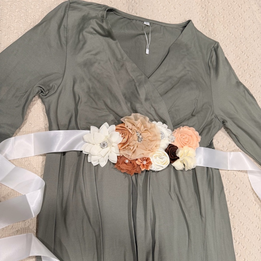 Olive Green Maxi Dress with Floral Satin Sash L